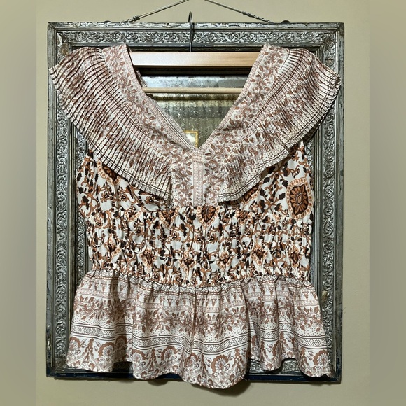 NWT! Rachel Zoe Tan and Brown Smocked Boho Top - Picture 8 of 8